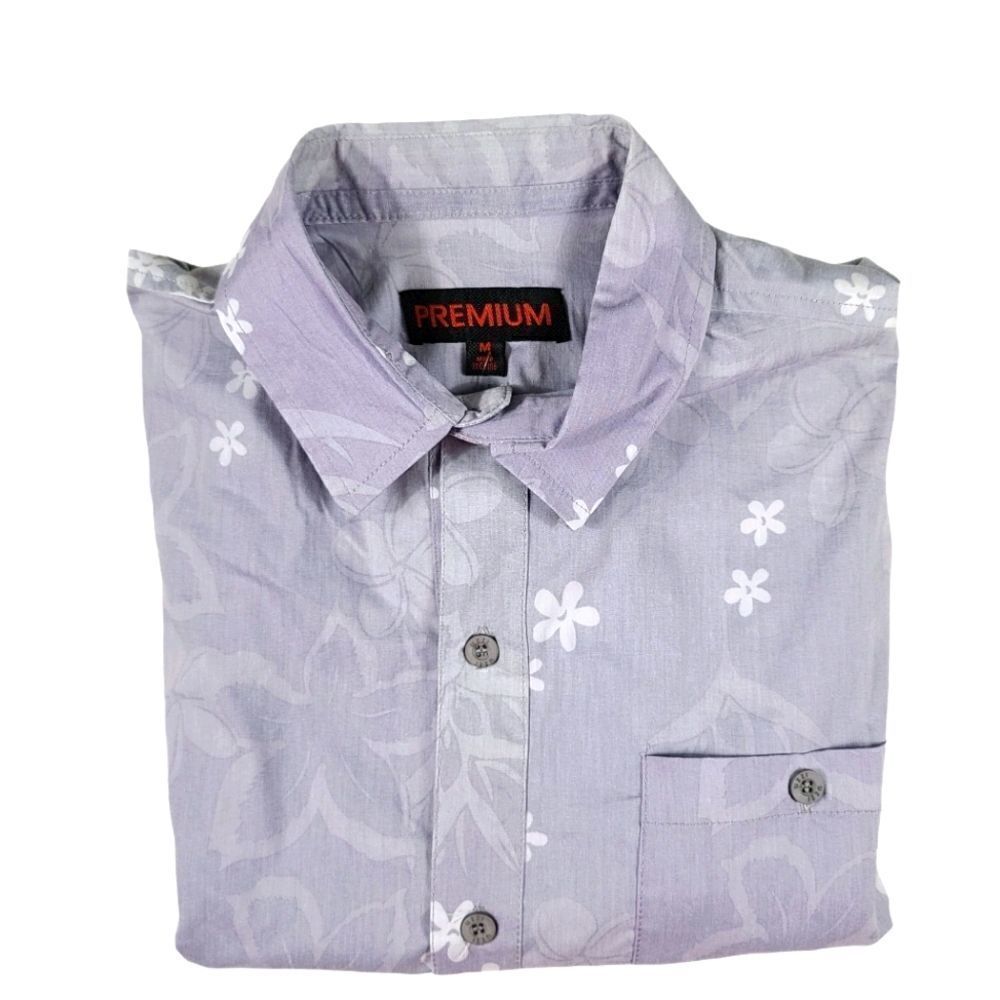 Premiums Hawaiian Grey/White Palm Trees Button Top